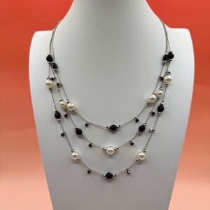 Black White Faux Pearl Multi Strand Necklace Silver Tone Beads Statement Gift